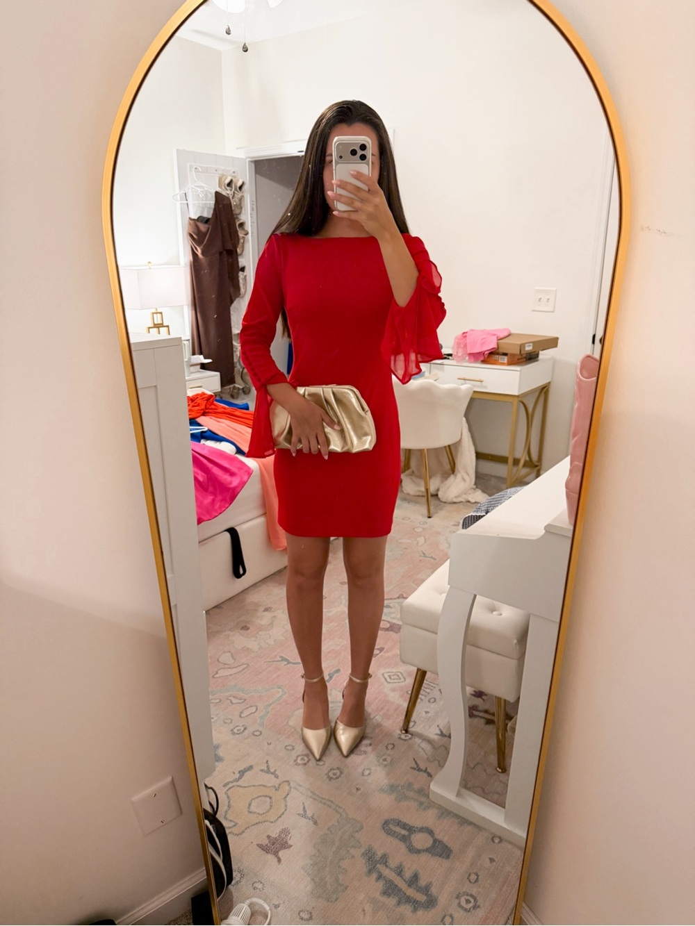 Calvin Klein Red Mini Dress with Ruffle Bell Sleeves